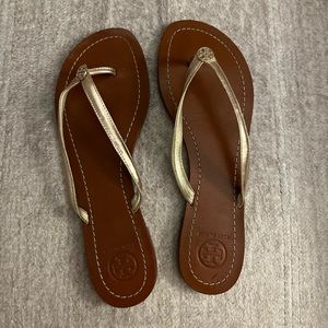 Gold Tory Burch Leather Flip Flops